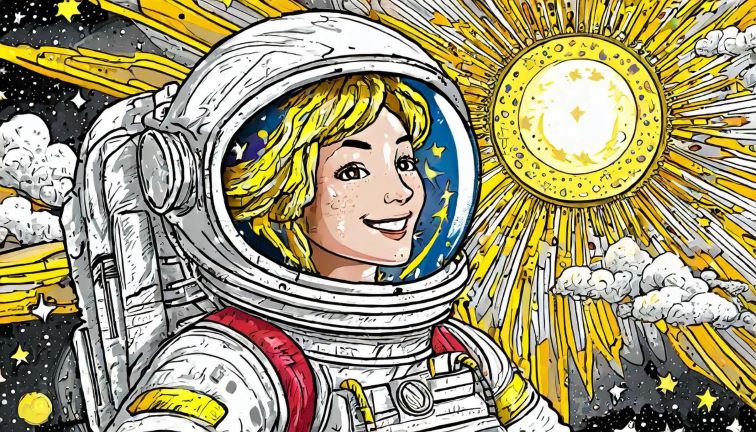 人工智能生成的宇航员在炽热的黄色太阳前的卡通画