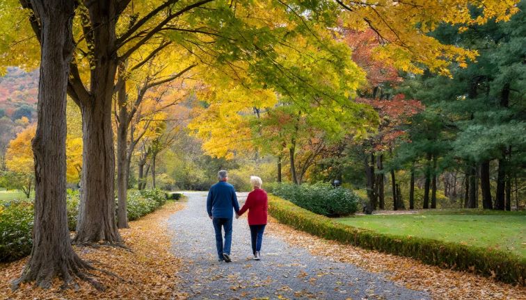 人工智能生成的图像，一对夫妇沿着碎石小路漫步，周围都是秋叶