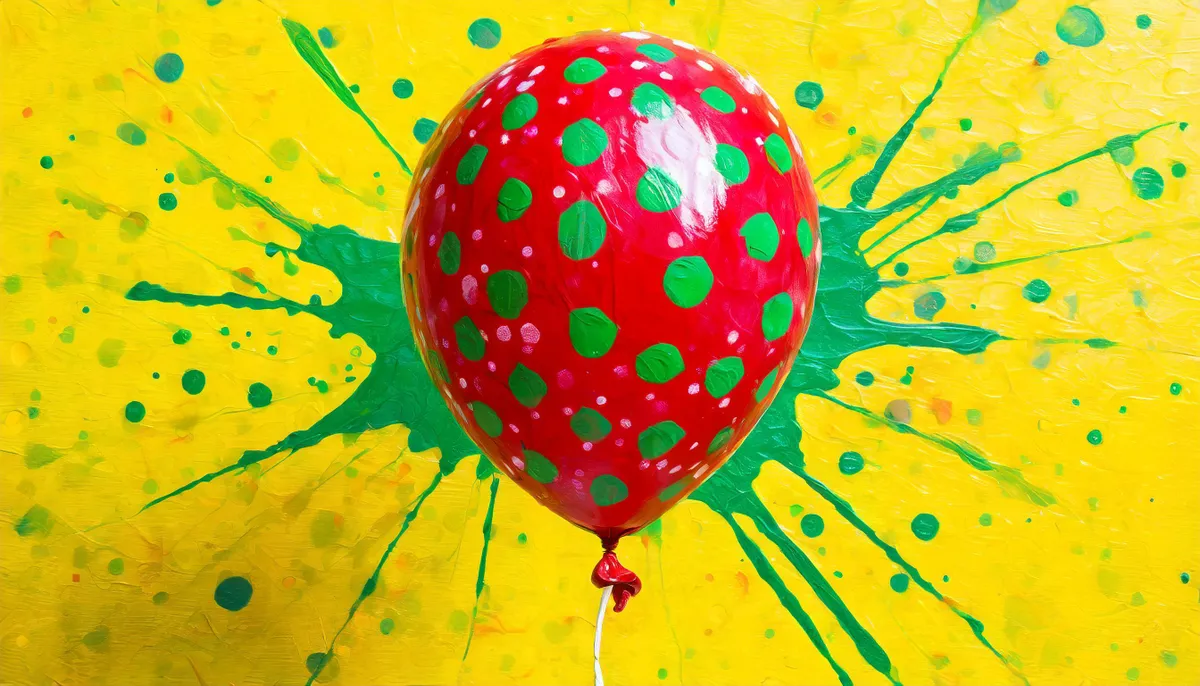 AI 渲染的图像：带有绿色圆点的红色气球，背景是绿色油漆飞溅