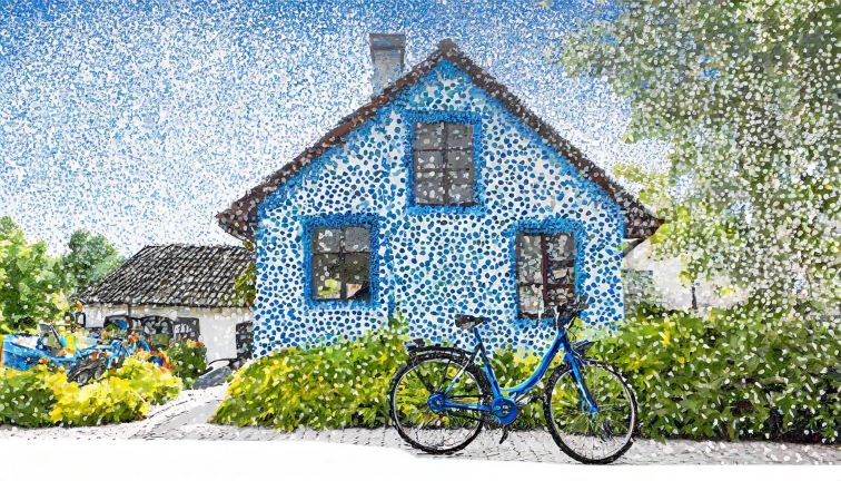 AI 生成的点画图像，显示一辆停在郊区房屋前的蓝色自行车