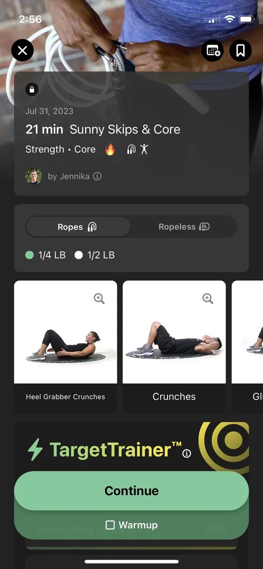 Crossrope 锻炼核心肌群的应用程序列表的屏幕截图，其中有私人教练的 3D 头像在做仰卧起坐