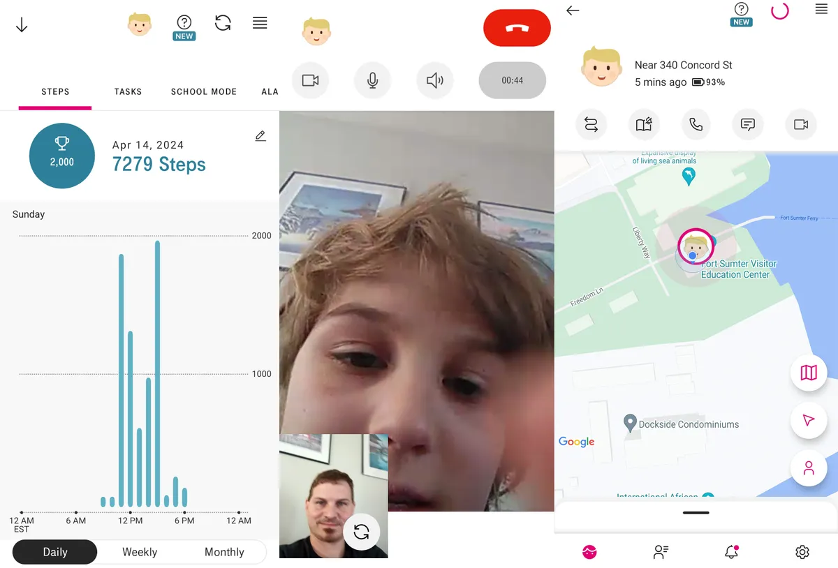 T-Mobile SyncUP Kids Watch 手机应用程序的屏幕截图，显示步数跟踪、视频通话和实时位置跟踪
