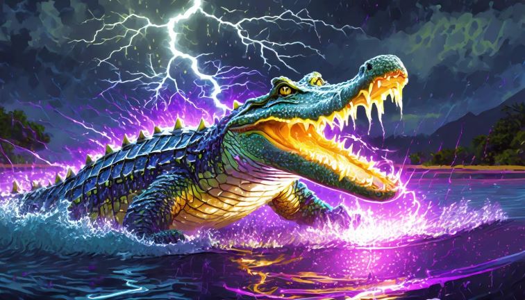 人工智能生成的图像显示，一只长着凶猛牙齿的鳄鱼在闪电袭击时从水中跃出