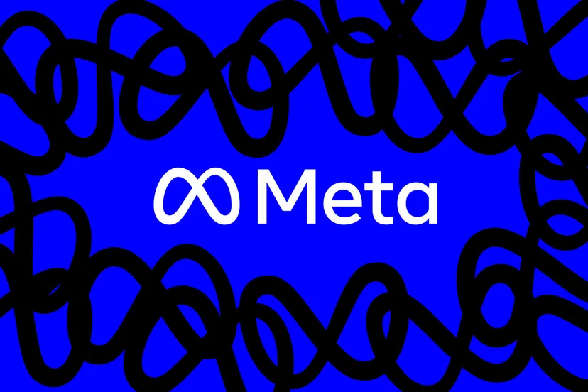 蓝色背景上的 Meta 徽标和字标图像，周围是用 Meta 徽标制成的黑色涂鸦