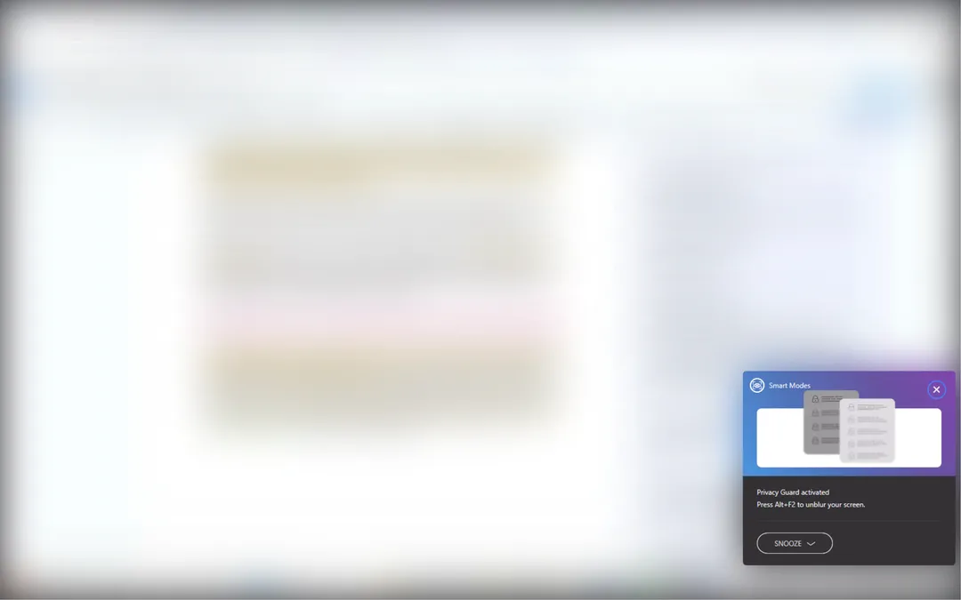 模糊的 Google Doc 截图，右下角弹出一个窗口，显示“隐私保护已激活。按 Alt + F2 可取消模糊屏幕。”