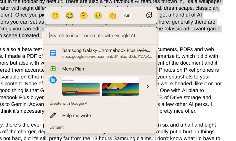 ChromeOS 中的新快速插入菜单。