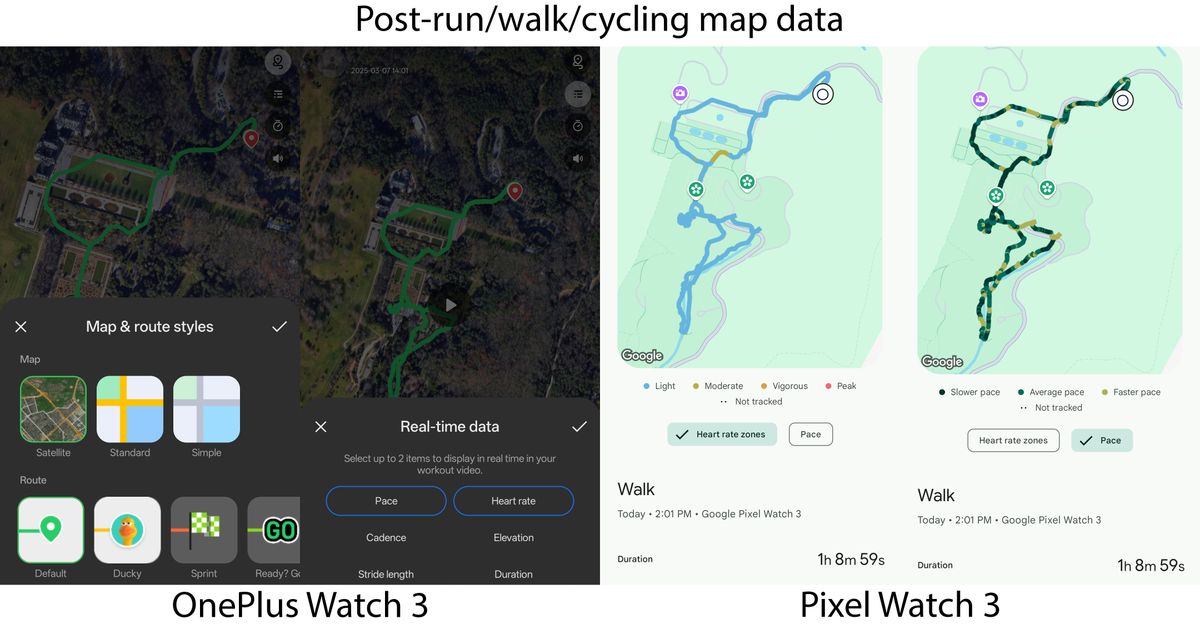 比较 OnePlus Watch 3 和 Google Pixel Watch 3 通过步行、跑步和骑行生成的地图数据
