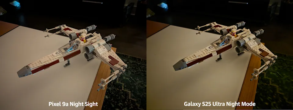 在弱光环境下，Pixel 9a 的夜视模式表现出色，拍摄的照片通常比 Galaxy S25U 更清晰，白平衡也更好。