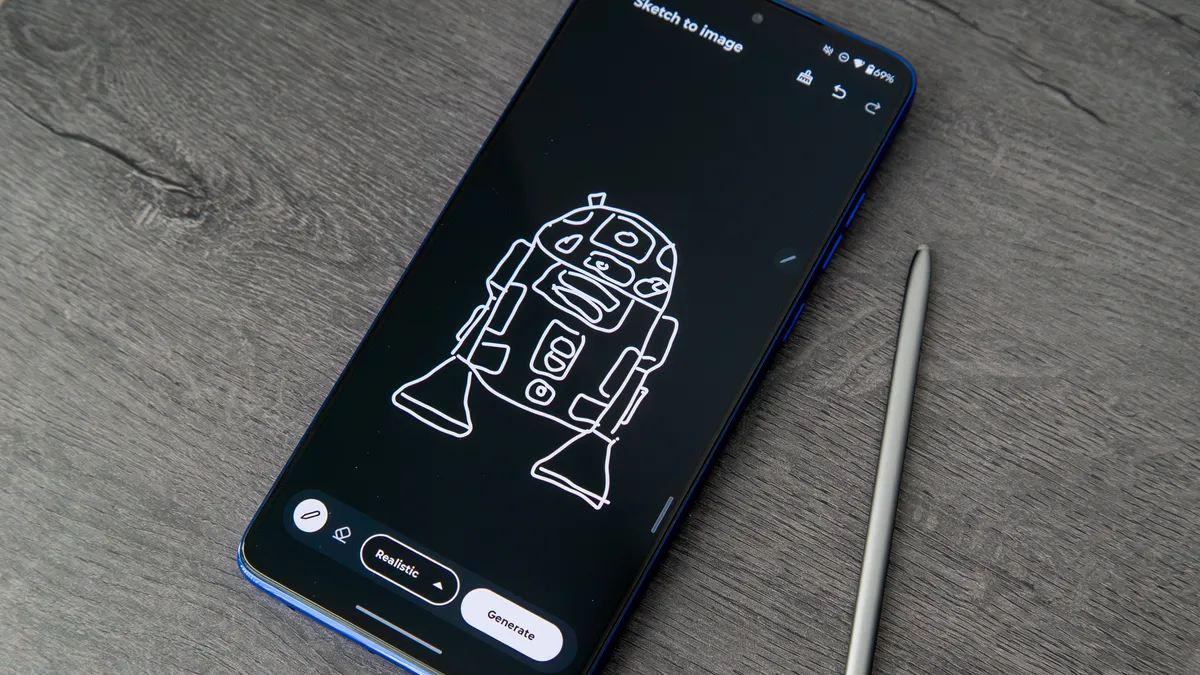 Moto G Stylus 2025 的“草图转图像”功能，其中包含 R2-D2 的绘图