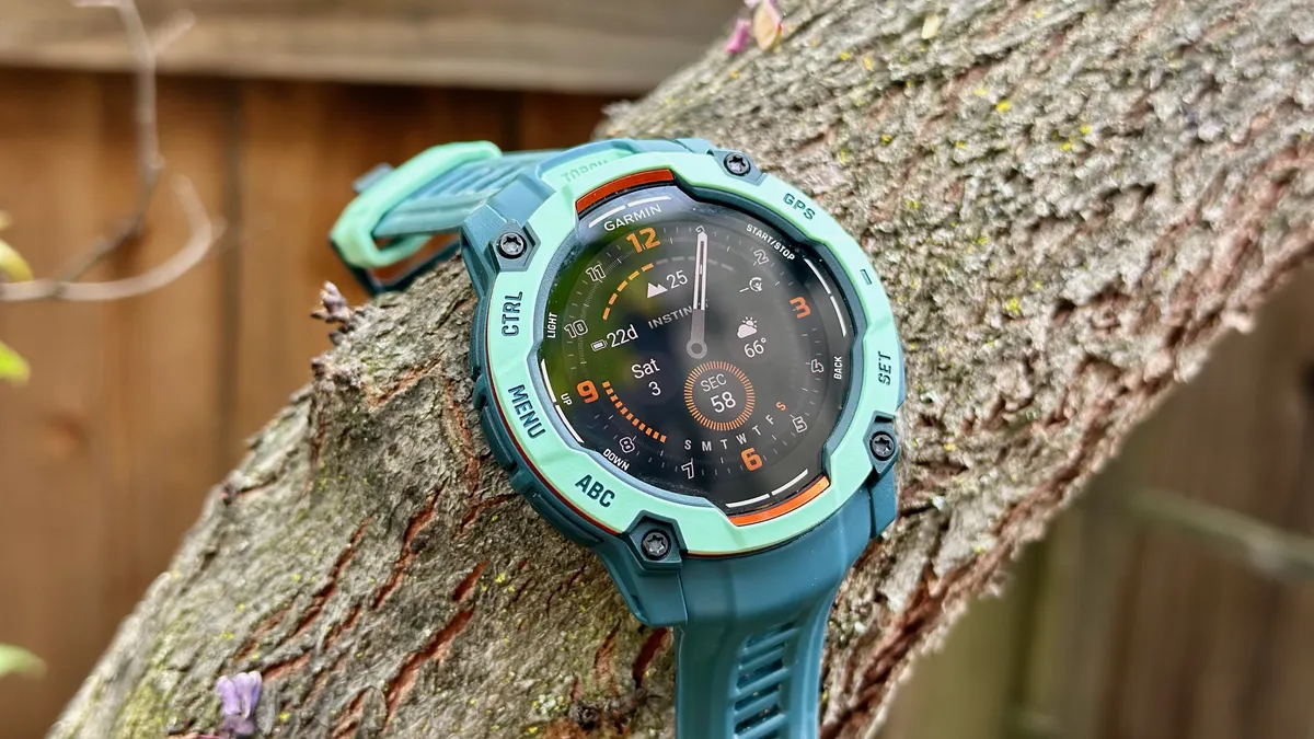 Garmin Instinct 3 50mm AMOLED 以 45º 角放置在一根粗树枝的顶部，表盘上显示着传统表针以及各种小数据字段。