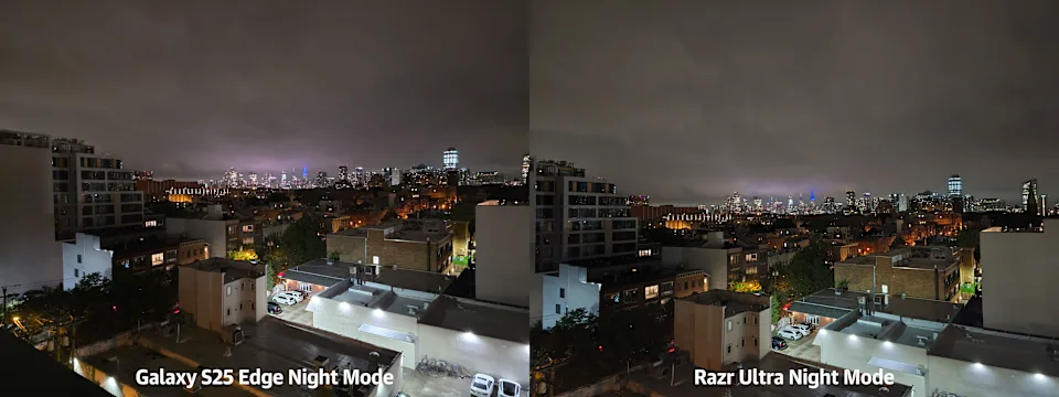 在夜间城市景观中，S25 Edge 因其色彩更加鲜艳而胜出。