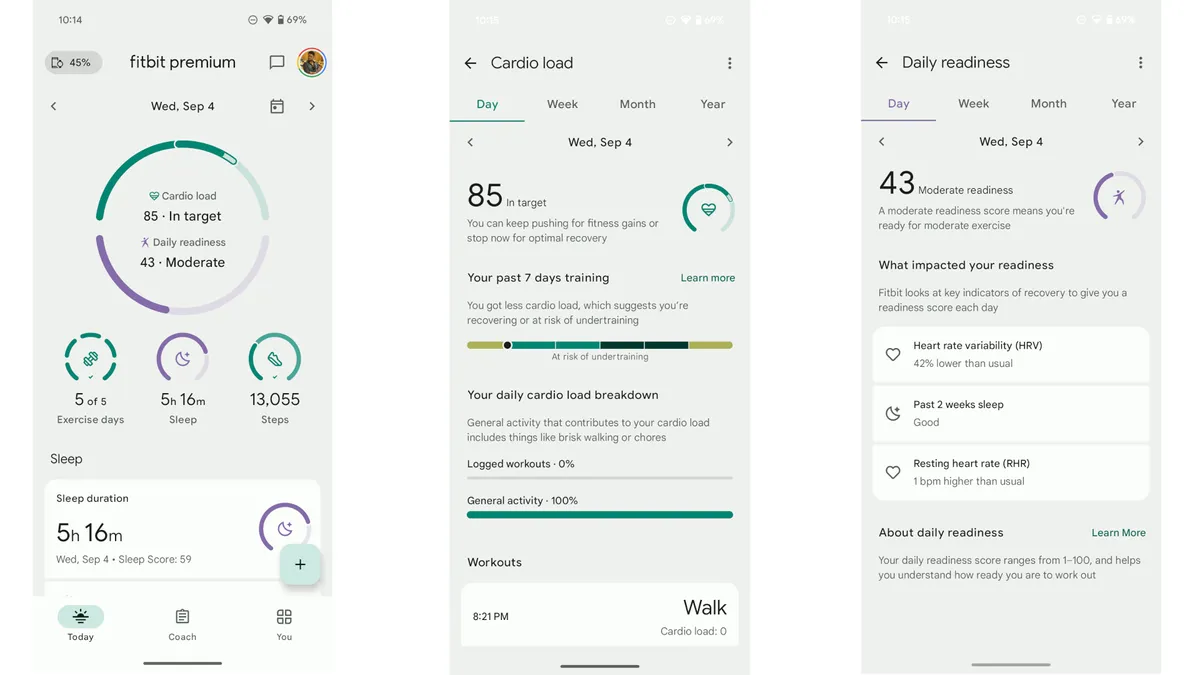 Fitbit 应用程序屏幕截图显示了用户的每日准备情况和心肺负荷分数。
