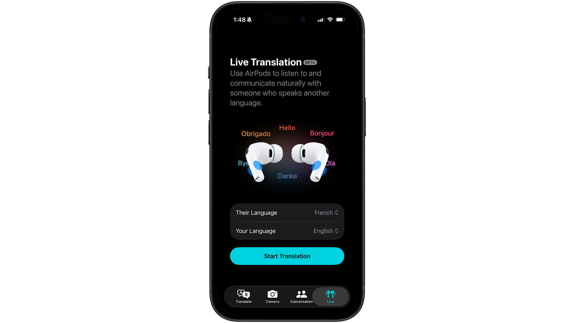 AirPods Pro 3 上的实时翻译会要求您在开始之前设置语言。
