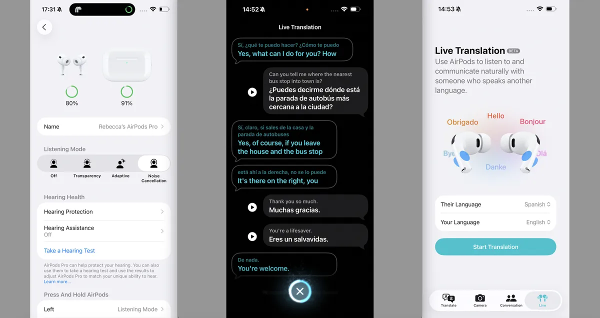 使用 AirPods Pro 3 从 iPhone 截取的三张屏幕截图，其中一张显示了实时翻译功能
