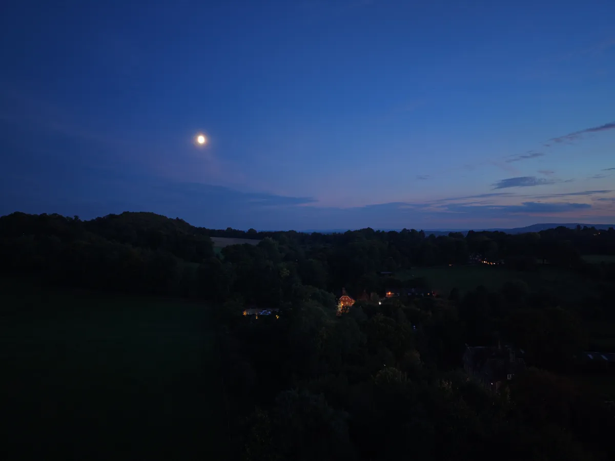 DJI Mini 5 Pro 样张：夜间林地鸟瞰图