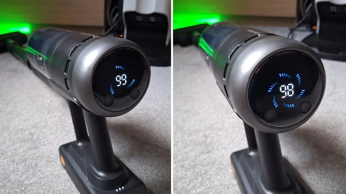 Roborock H60 Hub Ultra 上的屏幕显示电池百分比和清洁模式