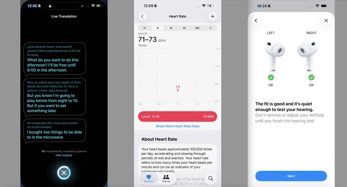 AirPods Pro 3 的三个屏幕截图，左侧显示翻译，中间显示心率，右侧显示贴合度测试