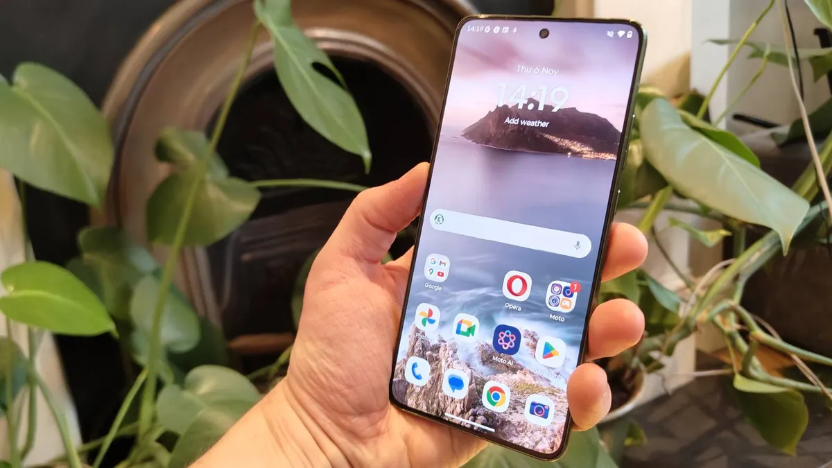 摩托罗拉 Edge 70 的主屏幕，手机握在手中时。